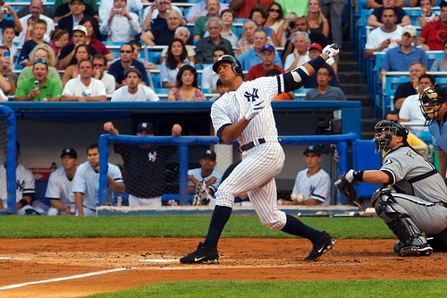  Alex Rodriguez shows his home run swing.