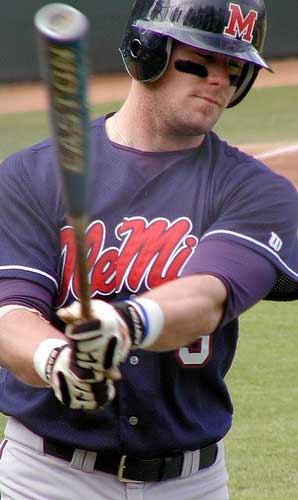  Ole Miss Rebels baseball player takes warm-up swing 