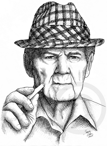 close up drawing of bear Bryant at chalkboard 