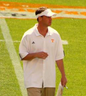 Lane Kiffin on the field at Neyland Stadium on the University of Tennessee campus.