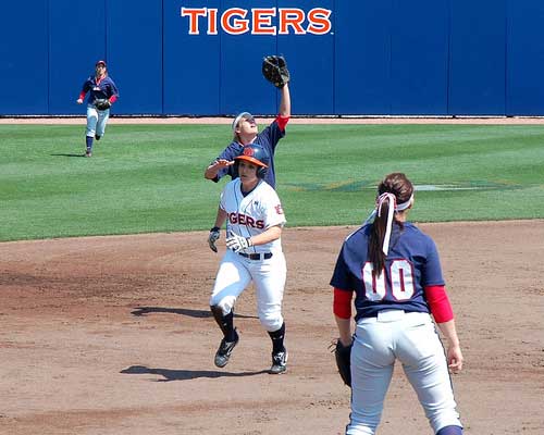  Auburn Tiger softball player runs between bases 