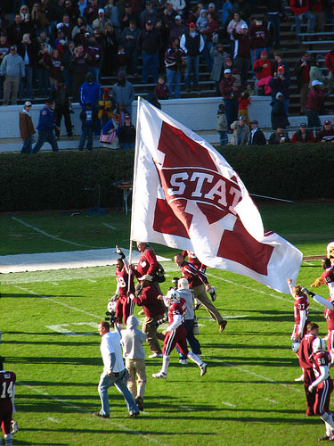 After Mississippi State's great 4th quarter comeback against Ole Miss to win the 2007 Egg Bowl, Bulldog's head coach Sylvester Croom ran a victory lap around the stadium with the Giant 