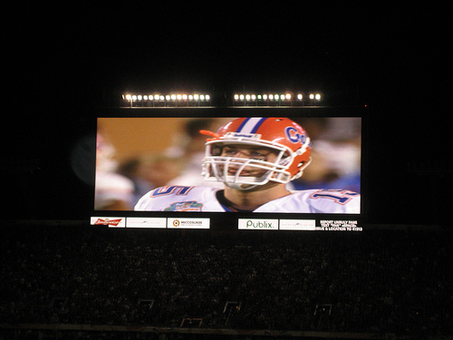 Tim Tebow shown in jumbotron at 2009 BCS Championship game.