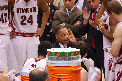 Trent Johnson coaching during time out.