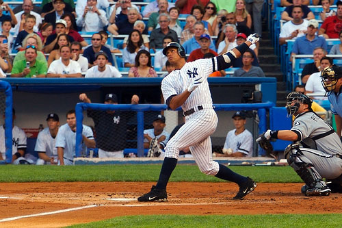 Alex Rodriguez shows his home run swing.
